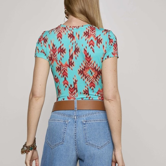 L'AGENCE Ressi Fitted Tee Women‎ S Pool Blue Multi Ganado Shirt Southwestern NEW - Picture 5 of 16